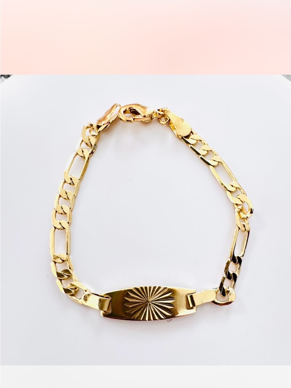 14K Gold Plated ID Chain Bracelet with Radiant Sunburst Plate for kids.Unisex
